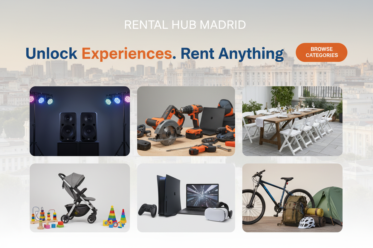 Crea contenido para una web de alquiler de productos en Madrid con 6 categorías: Fiestas y Entretenimiento, Artículos Infantiles, Herramientas, Tecnología y Gaming, Mobiliario para Eventos y Deporte y Turismo Activo. Genera textos profesionales y orientados a conversión, estilo similar a Opein, con tono cercano, claro y moderno. Incluye títulos cortos, subtítulos funcionales y llamadas a la acción directas como “Consultar disponibilidad” o “Ver categorías”.
